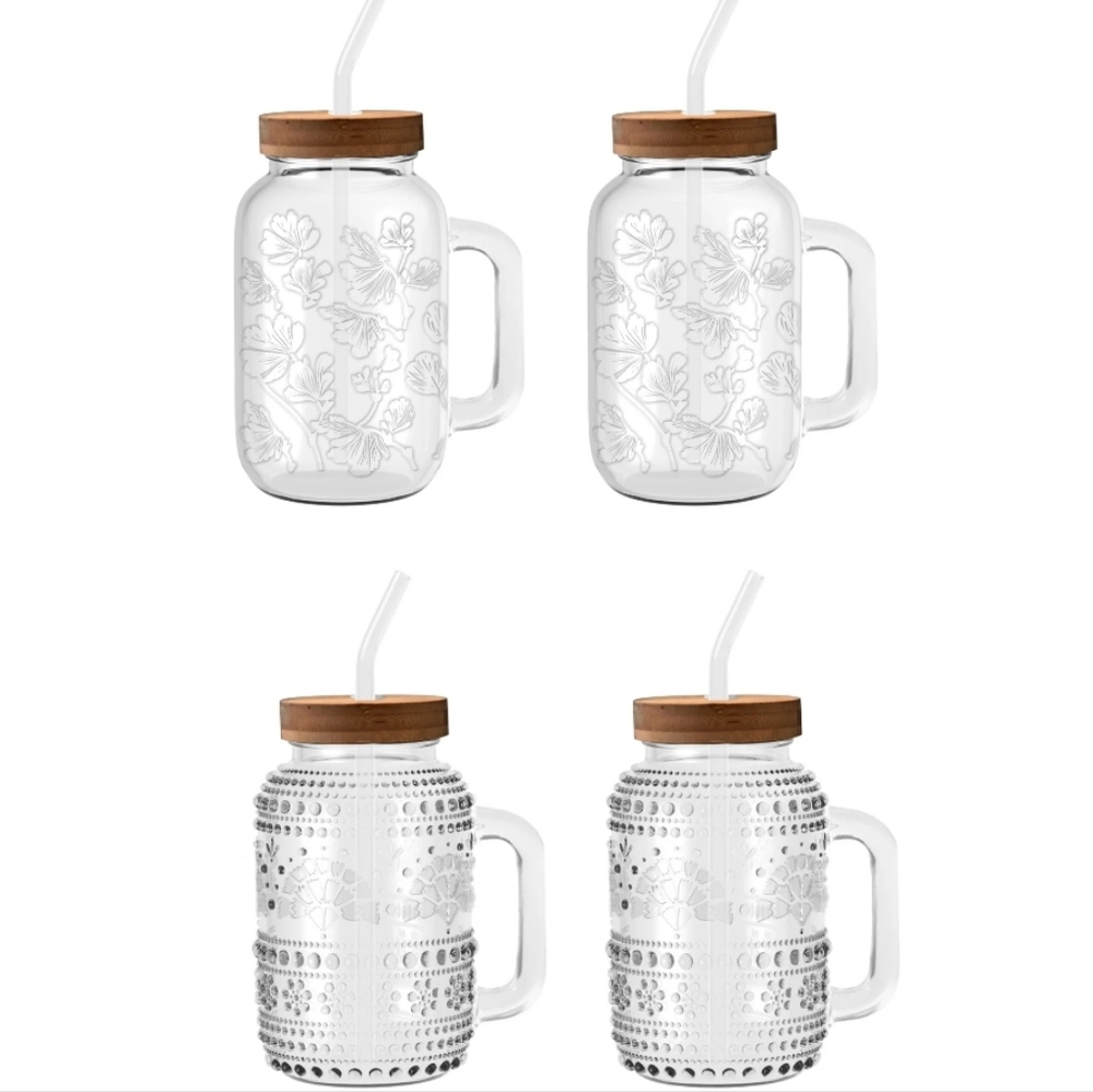 💕 4 Pack Pioneer Woman 2 Channing & 2 Palmer Glass 32oz Tumblers With Lid Straw